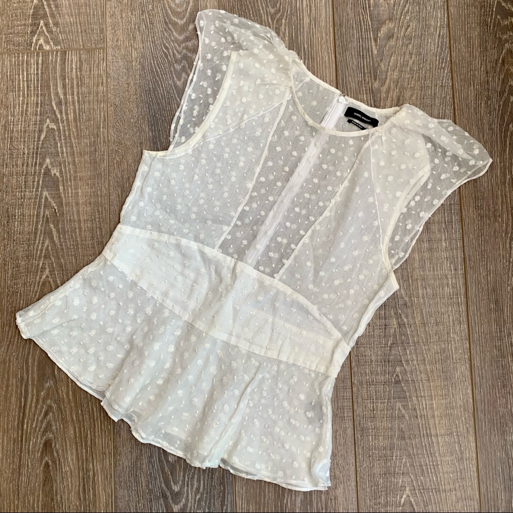 White appliqué sheer panel blouse